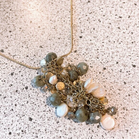 J Jill Gold Chain With Dangle Beaded Pearl Cluster Pendant Long - Picture 2 of 6